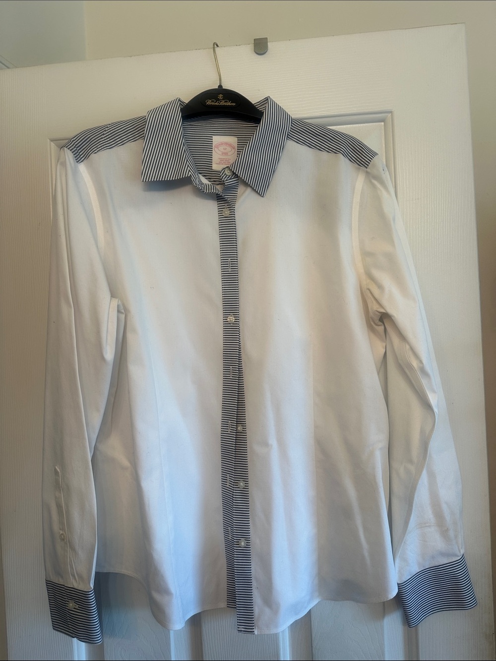 Brooks Brothers White Dress Shirt with Navy Stripe Trim